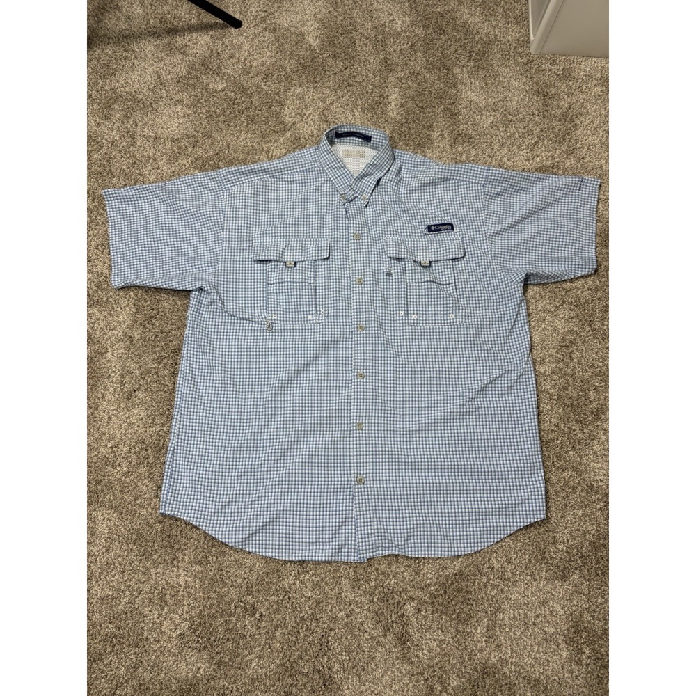 Columbia PFG Super Bahama Shirt Mens XL Blue Plaid Fishing Vented Outdoor